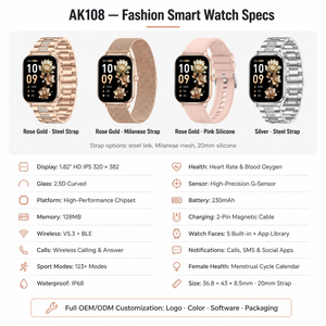Montre connectée AK108, écran IPS 1,82 pouces 320x382, ultra-fine 8,5 mm, 123 modes sportifs, appels Bluetooth, IP68, batterie 230 mAh, stock usine OEM, vente en gros - Product Image 2