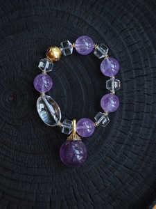 Pulsera de cuentas de amatista natural, brazalete de cristal con diamantes de imitación, cuentas redondas moradas, regalo de joyería - Product Image 3