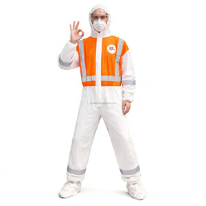 <strong>Hi</strong> <strong>Vis</strong> Orange/White Microporous Coverall with Reflective Bands for Road Work Construction Use - Product Image 1