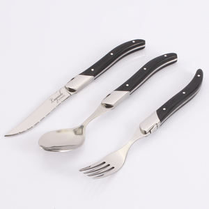 Ensemble de <span class=keywords><strong>couverts</strong></span> de luxe 3 pièces en acier inoxydable à faible MOQ, couteau à steak <span class=keywords><strong>Laguiole</strong></span>, cuillère et fourchette avec manche en bois noir - Product Image 1