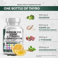 Complément de soutien thyroïdien au Sélénium, Iode, Zinc, L-Tyrosine, Ashwagandha, Fucus vésiculeux et Curcuma pour Femmes et Hommes