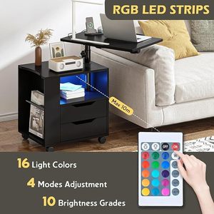 Bedroom bedside <b>table</b> with height <b>adjustment</b> and 360 rotation, including drawer storage, LED lights, and power outlet. - Product Image 4