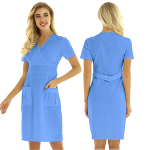 Robe médicale bleue pour femmes, col en V, avec poches et ceinture, uniforme d'hôpital, tissu en coton et polyester - Product Image 4
