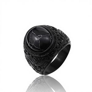 Bague Chevalière Vintage en Acier Inoxydable 316 avec Onyx Noir pour Homme, Finition Antique, Gravure Filigrane, Style Punk Audacieux et Sombre - Product Image 2