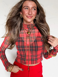 Wholesale New Hot Spring Autumn <strong>Women</strong> Plaid Print Long Sleeve Mock Neck <strong>Top</strong> Slim Fit Casual Pullover Mesh Layering Base Blouse - Product Image 6