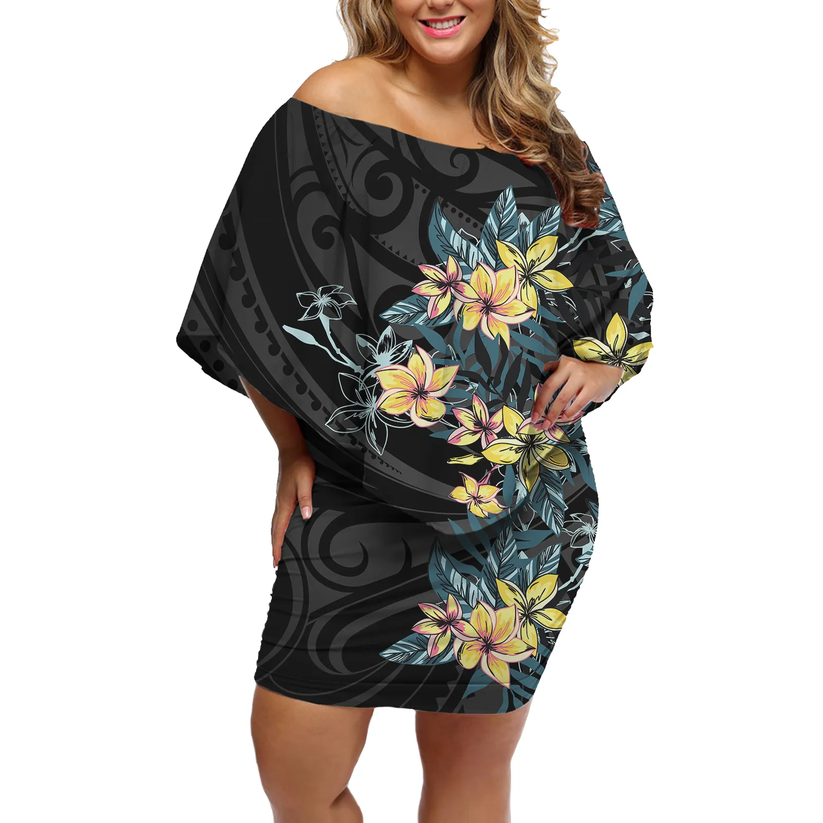 Custom Polynesische Tribal Off Schouder Vrouwen Jurken Met Sjaal Plumeria Bloem Print Bodycon Jurk Clubbing Plus Size Jurken