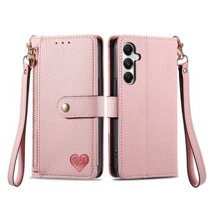 Funda con tapa tipo billetera con diseño de corazón para <span class=keywords><strong>Samsung</strong></span> A35 A55 con cuerda, para iPhone 15 Promax Funda de cuero con cremallera con ranuras para tarjetas - Product Image 6