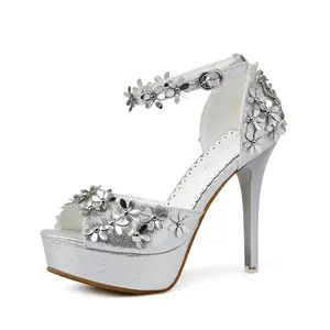 女式婚鞋高跟圆头婚礼凉鞋甜蜜婚礼派对 & 晚间水晶金银鞋