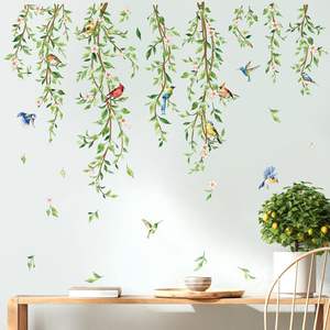 Autocollants <span class=keywords><strong>muraux</strong></span> suspendus <span class=keywords><strong>Decalmile</strong></span> en forme de vigne verte avec des plantes, des feuilles, des oiseaux et un motif de fille tatouée pour la décoration de la chambre à coucher et du fond de télévision - Product Image 3