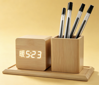 Horloge de bureau moderne en bois avec affichage LED, contrôle sonore, thermomètre et porte-stylo