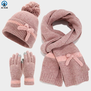 Newest Selling Custom Women's <strong>Winter</strong> Fashion 3pcs Set Thickened Knitted Woolen <strong>Cap</strong> Neck Scarf Warm Hat Glove Scarf Set - Product Image 1