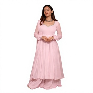 Pink Floor-Length Anarkali <b>Suit</b> With <b>Silver</b> Embellished Neckline Elegant Indian Pakistani Wedding Dress Women's Loose Fit - Product Image 1