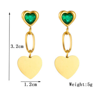 Heart-Shaped Drop <b>Earrings</b> Gold Plated Green Stone Bezel Setting Stainless Steel <b>Post</b> Gift Jewelry - Product Image 5