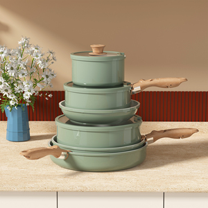 Juego de Utensilios de Cocina Antiadherentes de Aluminio Fundido de 6 Piezas, Diseño Moderno OEM, Sartén con Tapa de Vidrio, Color Verde Granito Morandi, Ligero, Duradero, Apto para Gas e Inducción - Product Image 1