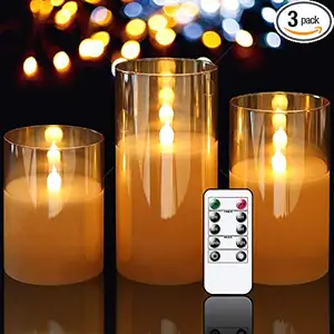 Velas LED 3D sin llama, tarro de cristal con luz gris ámbar, Juego de 3 velas de cera de parafina real, velas LED con control remoto, batería 2AA