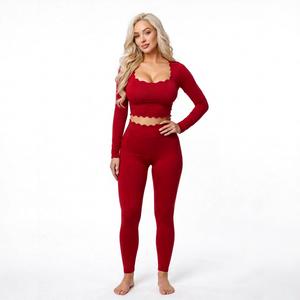 Womens <b>Red</b> 2 Piece Yoga Set <b>Long</b> <b>Sleeve</b> <b>Crop</b> <b>Top</b> High Waist Leggings - Product Image 1