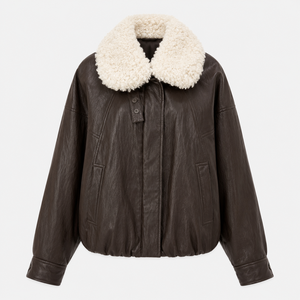 Artificial Fur Women's Short Slim-fit Eco-Friendly <b>Bomber</b> <b>Jacket</b> with Spring Stand Collar Full Sleeves Solid leather <b>jacket</b> - Product Image 2