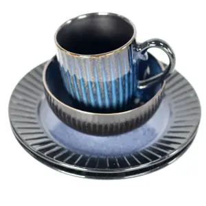 Juego de vajilla de cerámica con estampado de esmalte reactivo, juego de vajilla de cerámica azul real en relieve, tazón de cerámica, plato, esmaltado, venta al por mayor