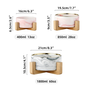 Bol pour animaux de compagnie en marbre Shamitao Nordic Home Decor, céramique de qualité supérieure avec <span class=keywords><strong>support</strong></span> en <span class=keywords><strong>bois</strong></span>, 3 tailles : 400 ml, 850 ml, 1800 ml, pour toutes les races d'animaux. - Product Image 2