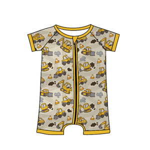 SR4180 Custom Infant baby kids wholesale Yellow excavator <b>print</b> romper short sleeve jumpsuit child boy romper - Product Image 4