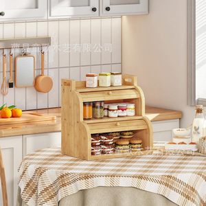 Caja de pan de bambú con tapa enrollable y compartimentos, organizador de cocina de madera para almacenar pan - Product Image 3