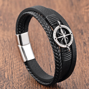 Black leather cord cowhide <b>men's</b> double-layer stainless steel woven bracelet handmade multi-layer leather <b>bangle</b> - Product Image 1