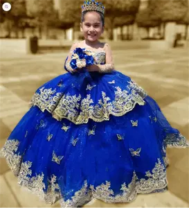 Royal Blue Applique oro Flower Girl abiti da sera per occasioni speciali abiti da sposa per bambini - Product Image 1