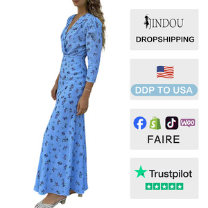 Nuovo <span class=keywords><strong>Abito</strong></span> Lungo da Donna 2026 Vintage Primavera Estate Stile Francese con Scollo a V <span class=keywords><strong>Blu</strong></span> a <span class=keywords><strong>Maniche</strong></span> <span class=keywords><strong>Lunghe</strong></span> con Cintura Floreale Effetto Slim in Poliestere - Product Image 2