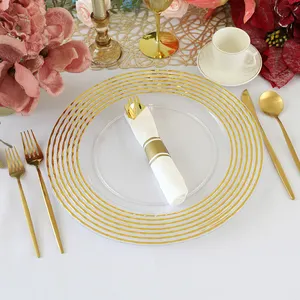 Perlengkapan pesta bulat 13 "piring Charger manik-manik emas piring akrilik dekorasi elegan pernikahan makan malam plastik