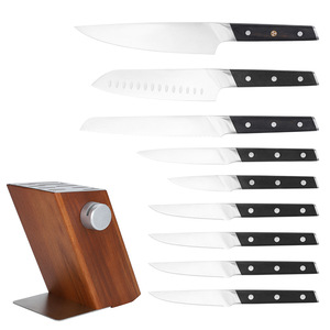 Lot de 10 couteaux de cuisine avec aiguiseur intégré, manche triple rivet et bloc en bois – Vente en gros - Product Image 1