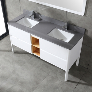 Minimalist White Freestanding Double Sink Vanity Dark Stone Countertop Cabinet with Matching White <b>Mirror</b> for Large Bathroom - Product Image 4