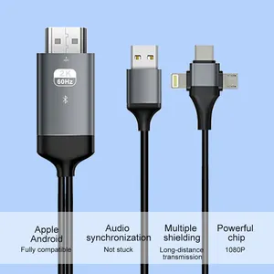 3 ב 1 מיקרו USB סוג C ברקים כדי HDMI כבל 2m עם אלחוטי אודיו עבור iPhone Macbook סמסונג s8 S9 אנדרואיד ל-hdtv