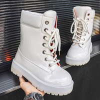Bottes de travail décontractées montantes, style britannique tendance, en cuir PU brillant, cuir verni brillant, semelle épaisse à crampons, mi-mollet, pour l'hiver