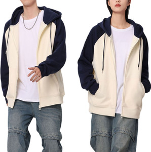 Vente en gros Sweat à capuche épais en polaire avec double fermeture éclair Sweat à capuche zippé surdimensionné Sweat à capuche unisexe avec fermeture éclair Colorblock - Product Image 1