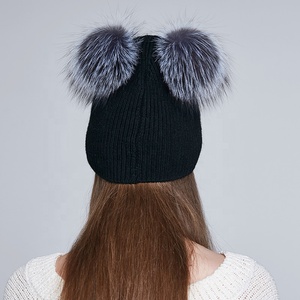 Ailin — <span class=keywords><strong>bonnet</strong></span> tricoté en laine pour <span class=keywords><strong>femme</strong></span>, chapeau à haute élasticité, avec deux pompons en fourrure naturelle, personnalisé, vente en gros - Product Image 4