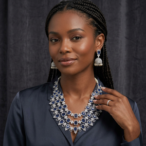 Luxury Brass <b>Blue</b> Sapphire CZ Layered Long <b>Necklace</b> Set Rhodium Plated Emerald Cut Crystal Jhumka Earrings Wedding Engagement - Product Image 3