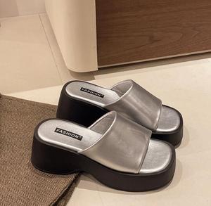 Sandali Estivi Bianchi con <span class=keywords><strong>Zeppa</strong></span> Quadrata per <span class=keywords><strong>Donna</strong></span>, Ciabatte con Tacco Alto - Product Image 1