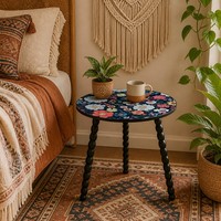 Table ronde en bois massif torsadé avec pieds en spirale, motif Mandala, table basse détachable, table d'appoint artistique pour salon