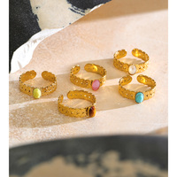 Bague ouverte JINYOU 8244 en acier inoxydable texturé rétro, plaquée or PVD, ovale, avec pierre naturelle