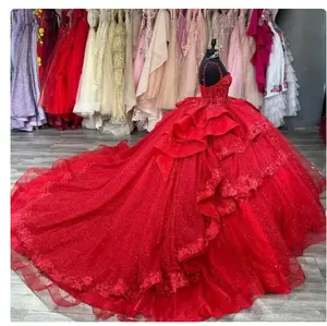 Блестящие красные платья Quinceanera, цветочные бисерные кружева, оборки, Vestidos De 15 Anos, день рождения, вечеринка, выпускной по индивидуальному заказу - Product Image 2