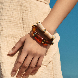 Bracelet extensible en perles acryliques géométriques pour femme - Motif marbré tourbillonnant, <span class=keywords><strong>accent</strong></span> doré, bracelet élastique pour style bohème et usage quotidien - Product Image 2