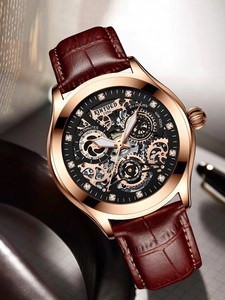 Montre mécanique pour homme KINYUED, bracelet en cuir véritable, cadran squelette ajouré, aiguilles lumineuses, luxe, mode, vente en gros - Product Image 1