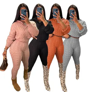 Women's 2 Piece Knitted Hooded leggings Sets 2022 Fall Style Outer Outfits Sweater