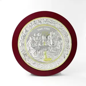 HT El icono de la Última Cena Santa Comunión hecho a mano griego ortodoxo plateado icono arte bizantino madera icono religioso decoración del hogar