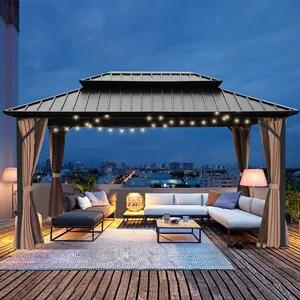 Gazebo de techo rígido de 12 'x 16' Gazebos de aluminio para exteriores Grano de madera con dosel doble de acero galvanizado para patios