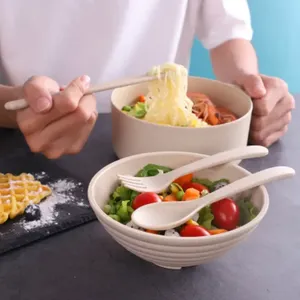 Boîte à bento portable en paille de blé écologique pour enfants, bol à nouilles instantanées anti-brûlure avec baguettes (820 ml) - Product Image 2