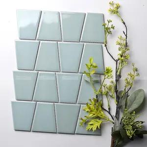 China Foshan Factory Supplier Kitchen Shower Living Room Blue Glazed Porcelain Trapezoid Back Splash Tiles Bathroom Wall Mosaic