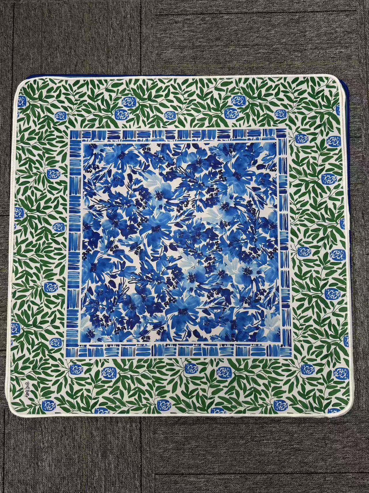 Blue Floral & Green Leaf Print Mahjong Mat