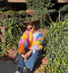 Color Block <strong>Rainbow</strong> Knitted Cardigan <strong>Top</strong> Coat Women's Autumn and Winter Hand Knitting Thick Crochet Sweater - Product Image 3
