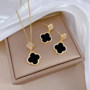 Hot Sale 18K Gold Plated Does Not Fade Jewelry Fashion Stainless Steel Shell Zircon Flower Jewelry Set For Women Wholesale